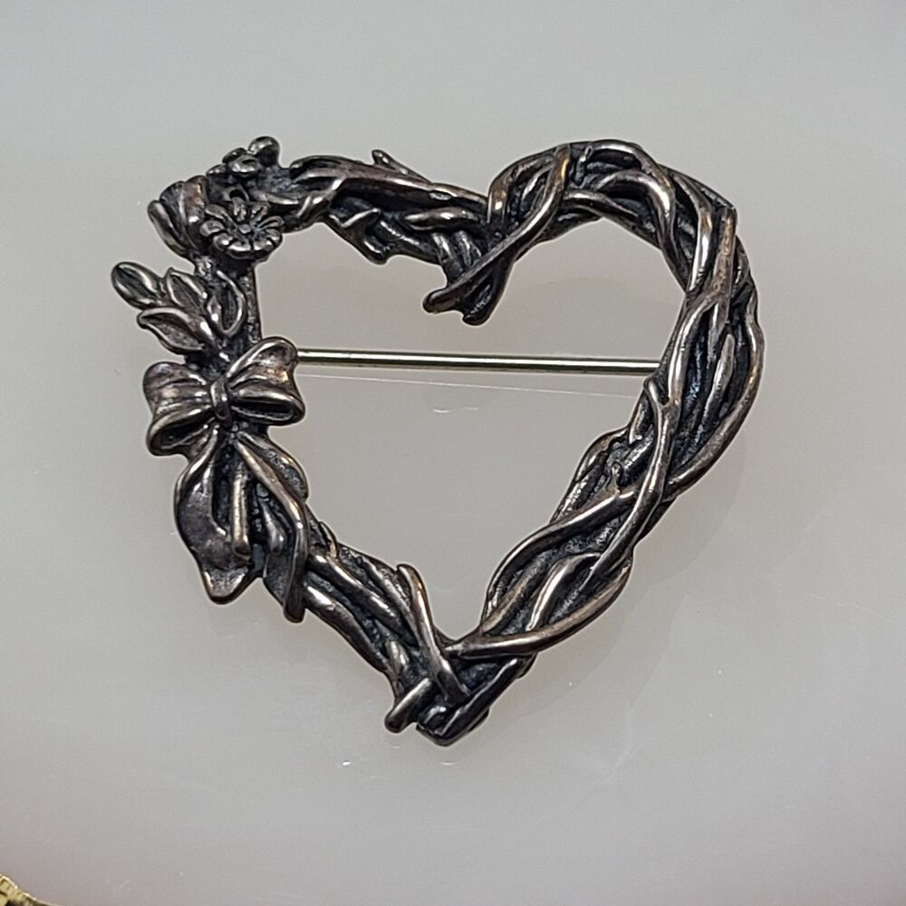 Vintage Hand & Hammer Sterling Silver Heart Brooch Pin Oxidized Vining Floral